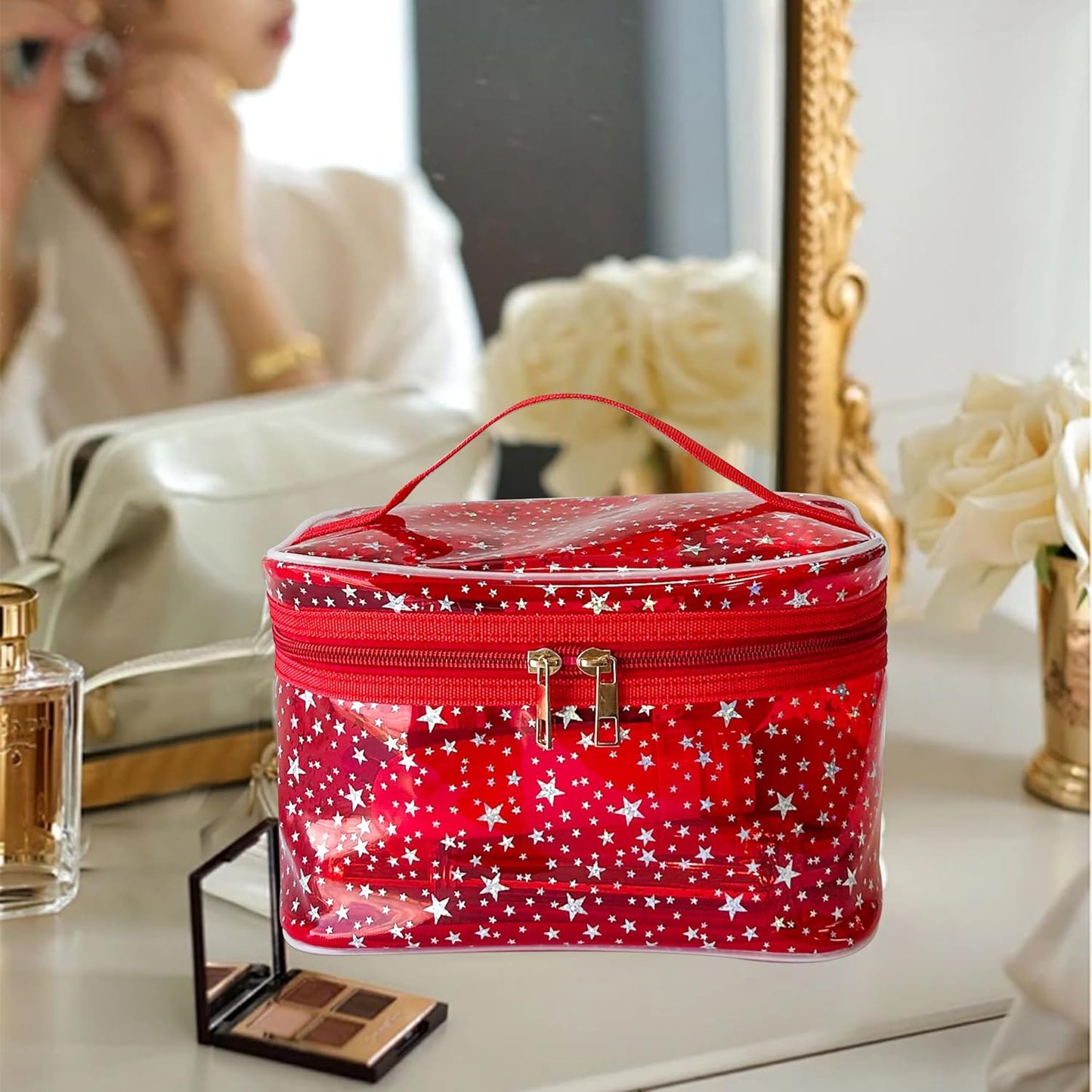 Holographic Makeup Bags Bulk,Clear Storage Bag Toiletry Pocket Portable Zippered Iridescent Pouch Waterproof Cosmetic Gift Bags for Women (Yellow-L)