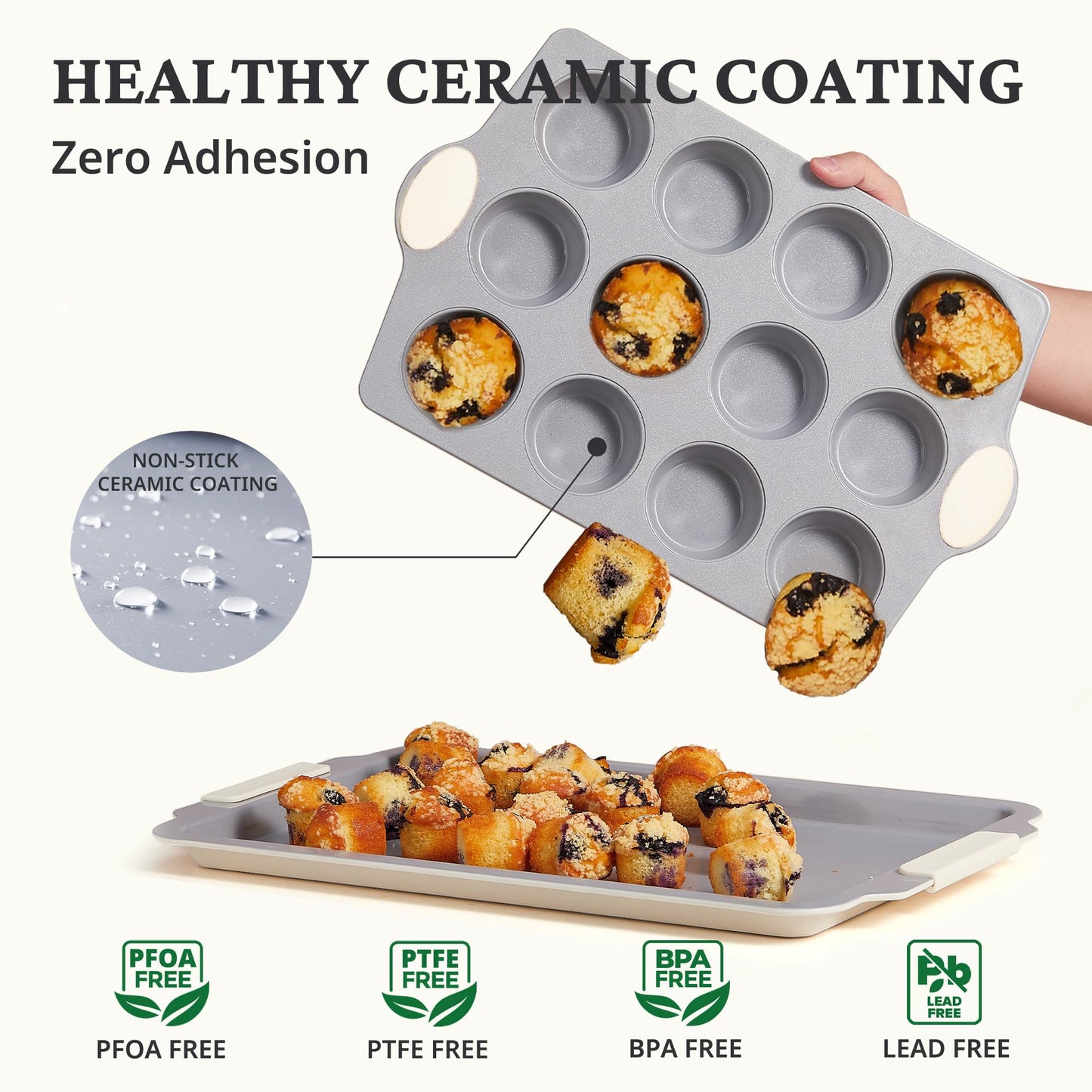 BRONYPRO 12-Cup Non Toxic Nonstick Ceramic Muffin Pan & Cupcake Tin, PFOA & PFOA Free, Heavy Duty Rust-Resistant Aluminized Steel, Oven Safe, Cream White