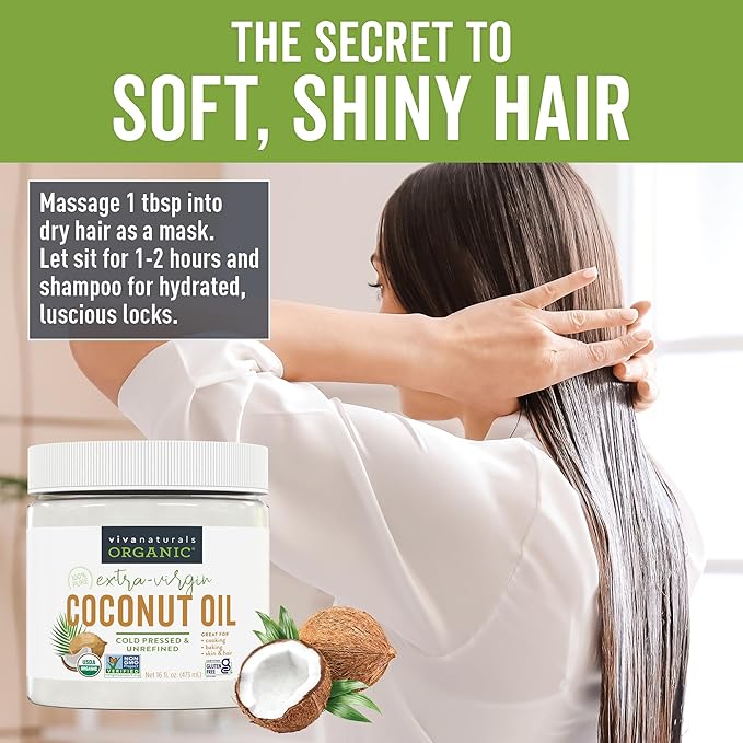 Viva Naturals Organic Coconut Oil, 16 fl oz – Unrefined, Cold-Pressed Extra Virgin Coconut Oil, USDA Organic & Non-GMO, Natural Cooking Oil, Hair Oil & Skin Oil