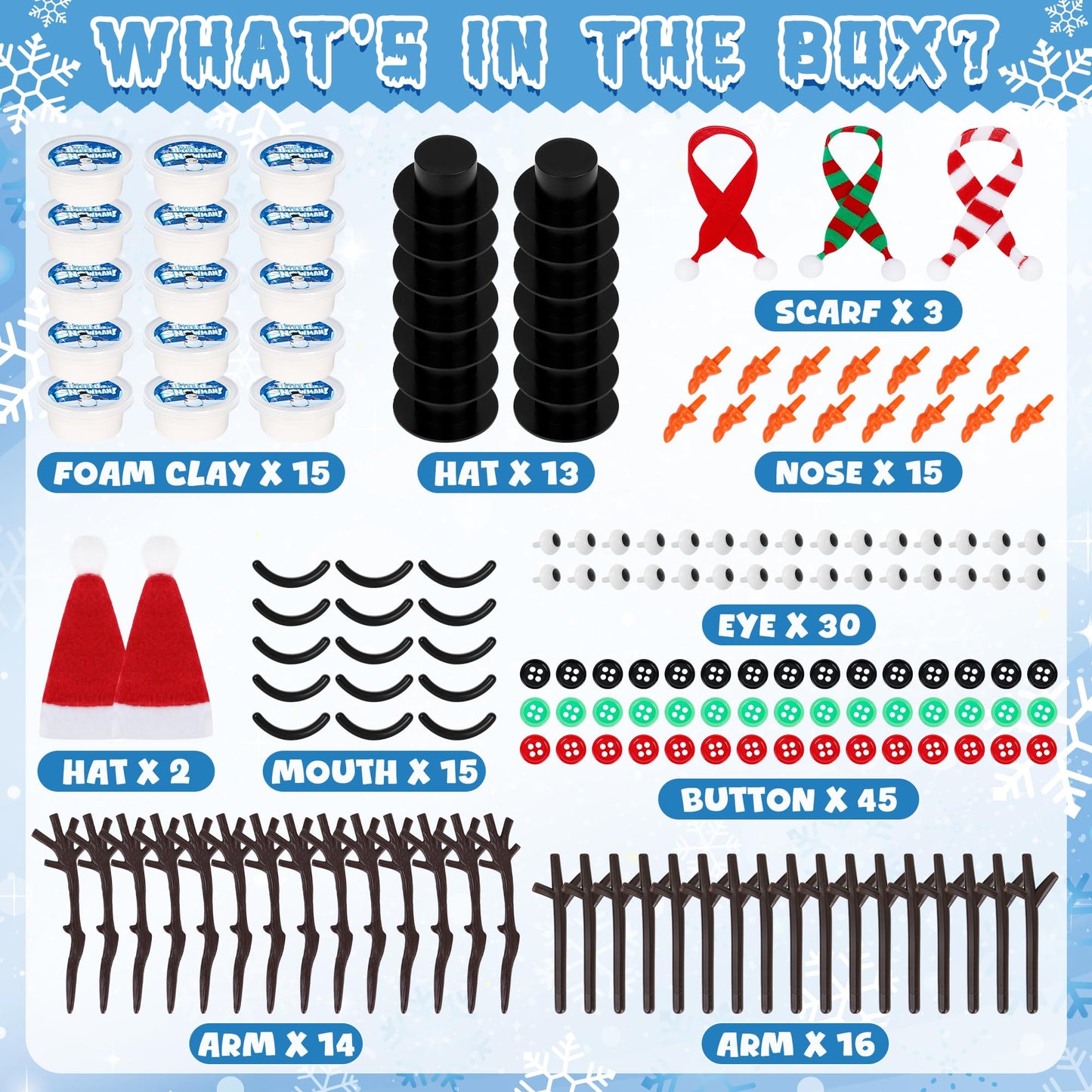 15 Pack Christmas Crafts Supplies, DIY Snowman Making Kit for Children, Christmas Stocking Stuffers, Air Dry Snowman Decorating Kit Winter Snowman Presents Toys for Christmas Holiday Decorations