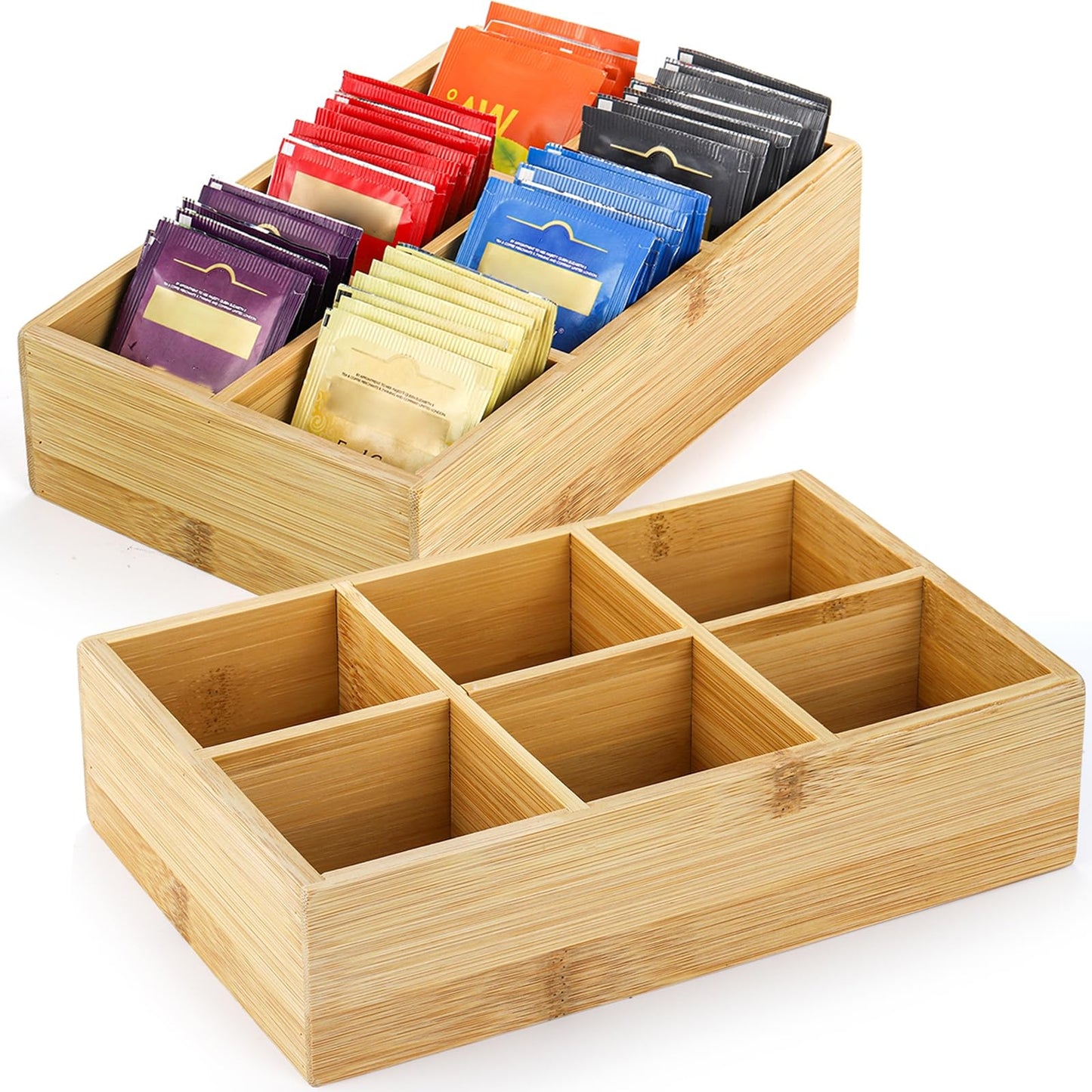 Dicunoy 2 Pack Bamboo Tea Bag Organizers, Wood Tea Bag Storage for Drawers with 6 Roomy Compartments, Sturdy Tea Chest Boxes for Shelf, Coffee Station, Sugar Packet, Sweeteners, Small Packets