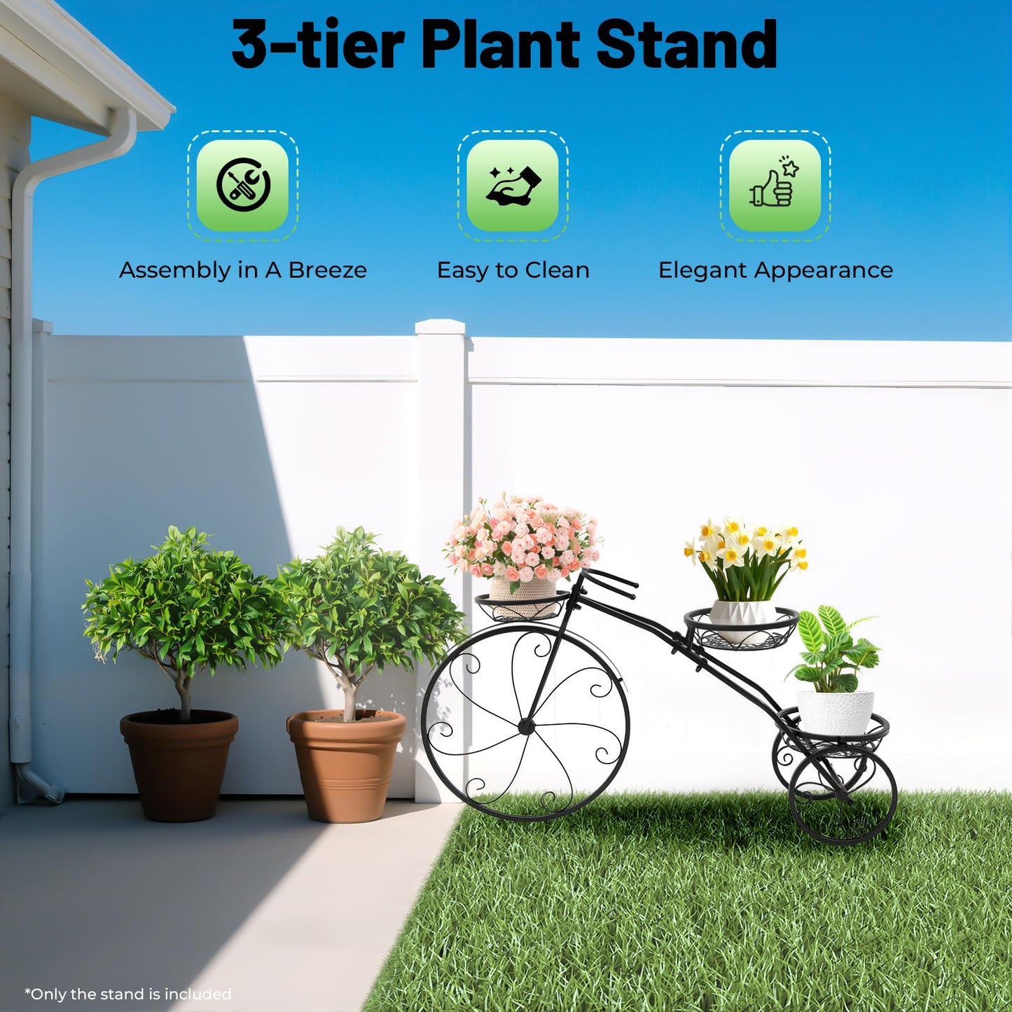 Three-wheeled Plant Stand,Metal Flower Pot Cart Holder,Metal Bicycle Plant Display Rack,3-Tier Tricycle Planter with Wheels,Bike Shape Plant Corner Shelf for Indoor Outdoor Garden,Patio,Lawn Decor