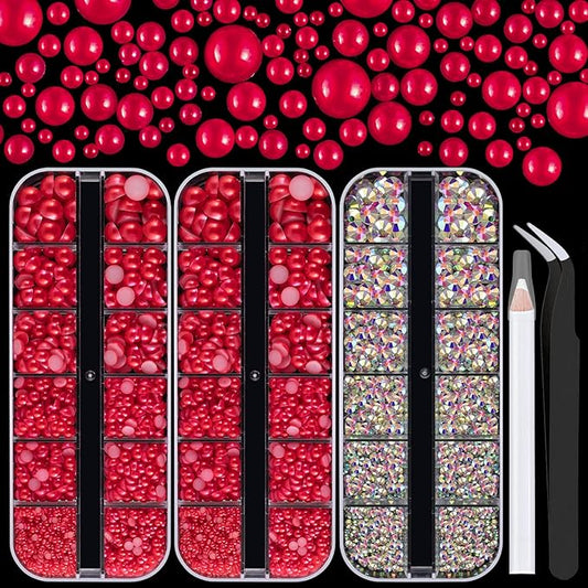 4000PCS Flatback Rhinestones and Half Round Pearls Kit #43, Multi Size Glass AB Crystals, Plastic Flat Back Red Dome Bead with Pickup Pencil and Tweezer for Nail Art