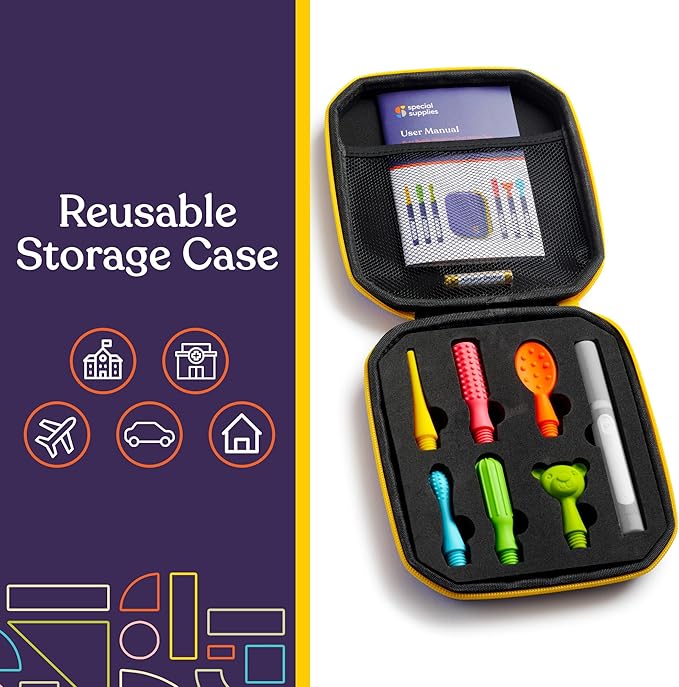 Special Supplies Buzz Buddy Oral Motor Stimulation kit with 6 Soft Textured Interchangeable Heads, Calm Sensory Needs, Support Speech, and Stimulate Self Feeding, Gentle Vibrations (Grey)