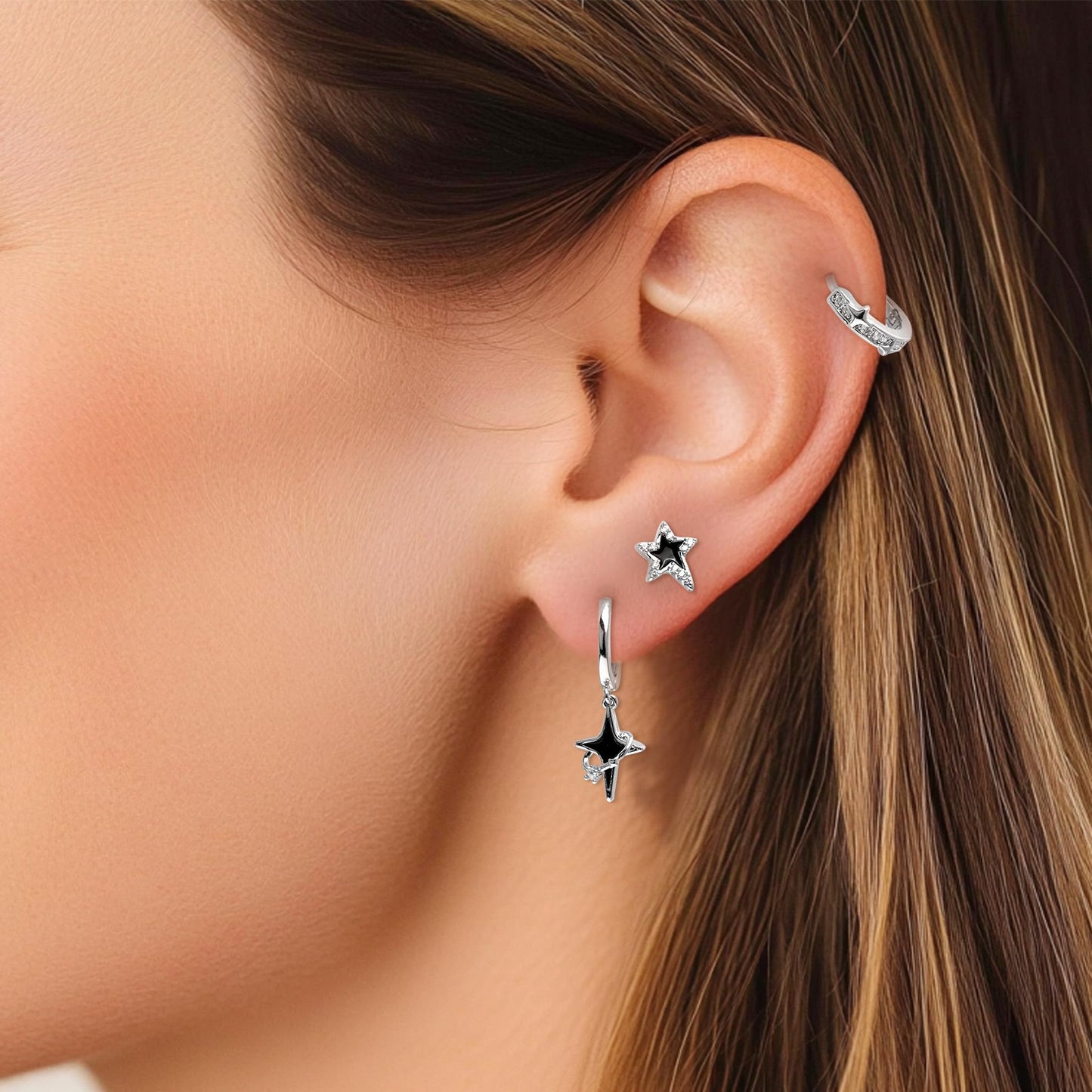 Frigotine 3PCS Silver Star Hoop Stud Earrings Stack Set for Women, Dainty Rhinestone Star Black Enamel Moon Planet Tassels Multiple Piercing Cartilage Prom Fashion Jewelry Gift
