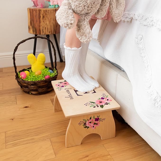 Step Stool for Toddlers- Personalized Wood Kids Step Stool with Name for Kitchen Sink, Bathroom, Potty Training, Toilet, Kitchen Sink- Sturdy and Safe- Made in USA by BloomOwl (Floral- Vintage)