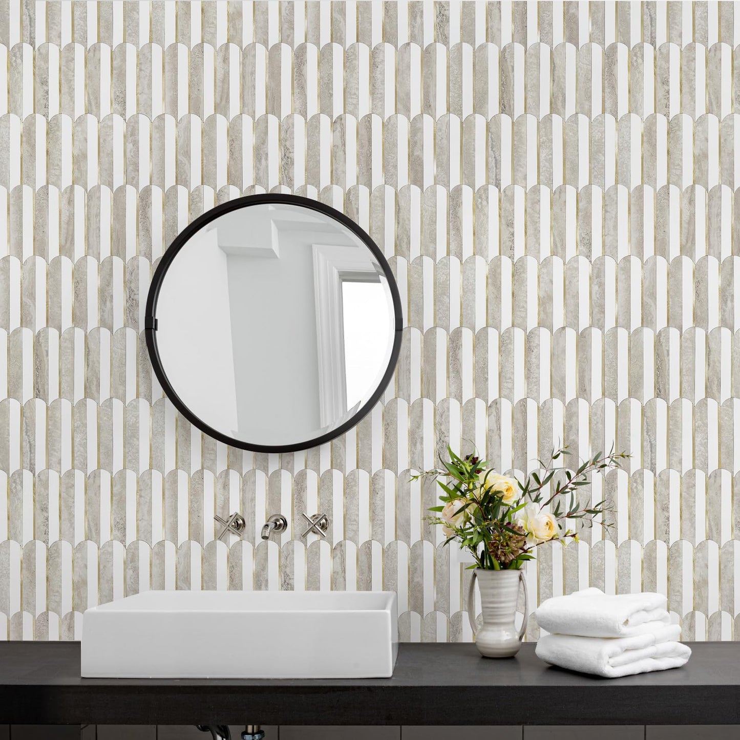 Vamos Peel and Stick Backsplash Seamless Tile for Kitchen and Bathroom,White and Beige Slate PVC Mixed Light Gold Self Adhesive Fish Scale Metal Mosaic Tiles (10 Sheets)