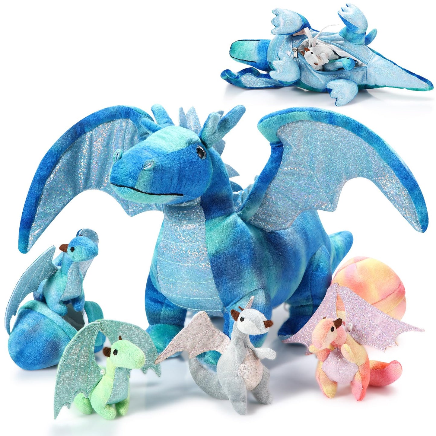 Deekin 7 Pcs Dragon Toy Set 16 Inch Large Dragon Stuffed Animal with 4 Baby Plush and 2 Eggs in Mommy's Belly Dinosaur Plushies Gifts for Boys Girls Birthday(Bright Style)