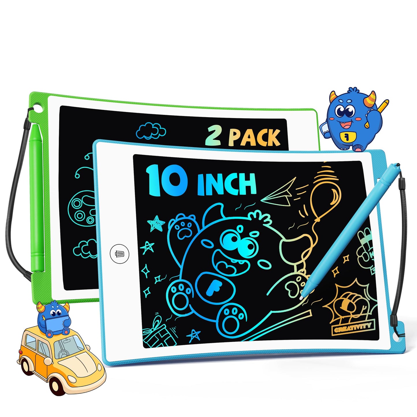 TEKFUN Toys for Kids, 10in 2 Pcs LCD Writing Tablet, Erasable Doodle Board Reusable Drawing Pad for Boys with Anti-Lost Stylus, Car Trip Blue Toys Christmas Birthday Gift for Ages 3 4 5 6 7