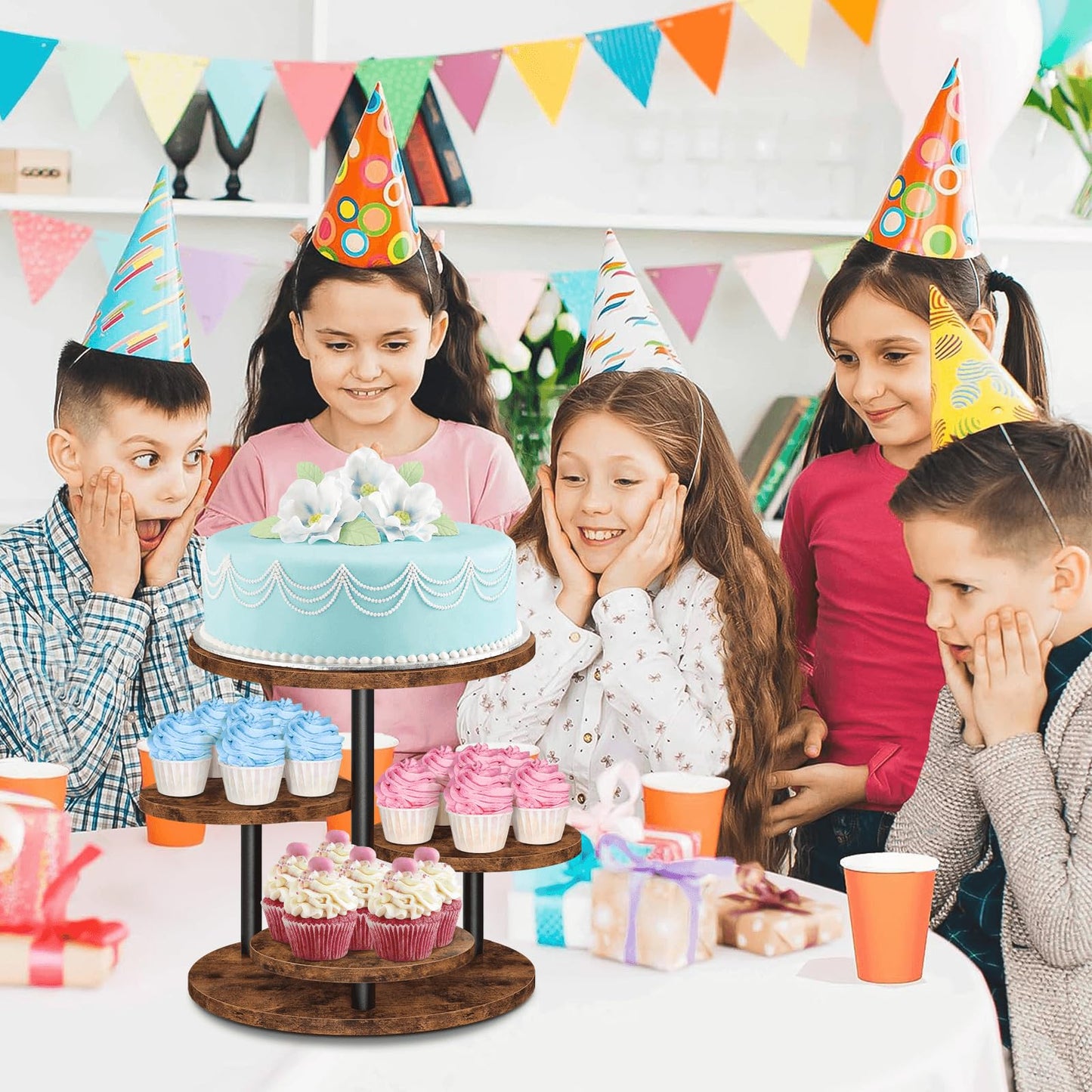 ELITEROO 4 Tier Round Cupcake Tower Stand for 50 Cupcakes, 360° Rotating Wood Cake Stand with Tiered Trays, Farmhouse Cookie Stand for Dessert Table Display for Wedding Birthday Baby Shower Tea Party