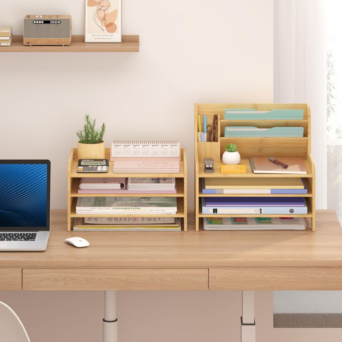 Wisuce Essentials Bamboo Desk Organizer Mail Holder Countertop Letter Tray File Organizer for Desk Letter Sorter Paper File Storage for School Home Office Supplies
