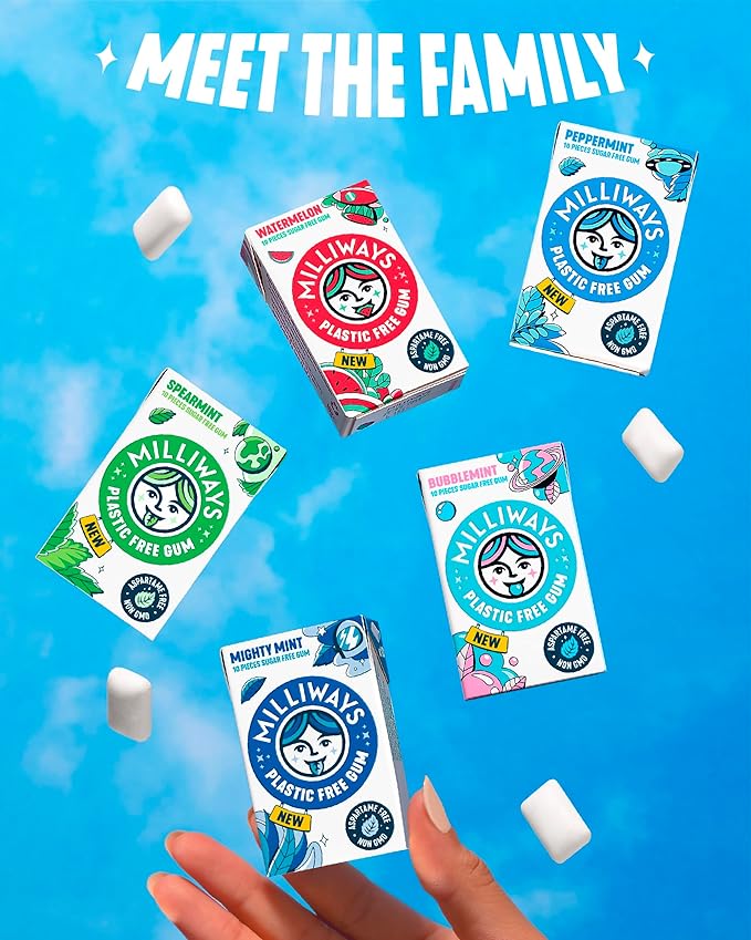 Milliways Spearmint | Plastic Free Gum | Xylitol, Aspartame-Free, Sugar-Free, Plant-Based, Natural Chewing Gum | 120 Pieces Total (12 Packs of 10 Pieces)
