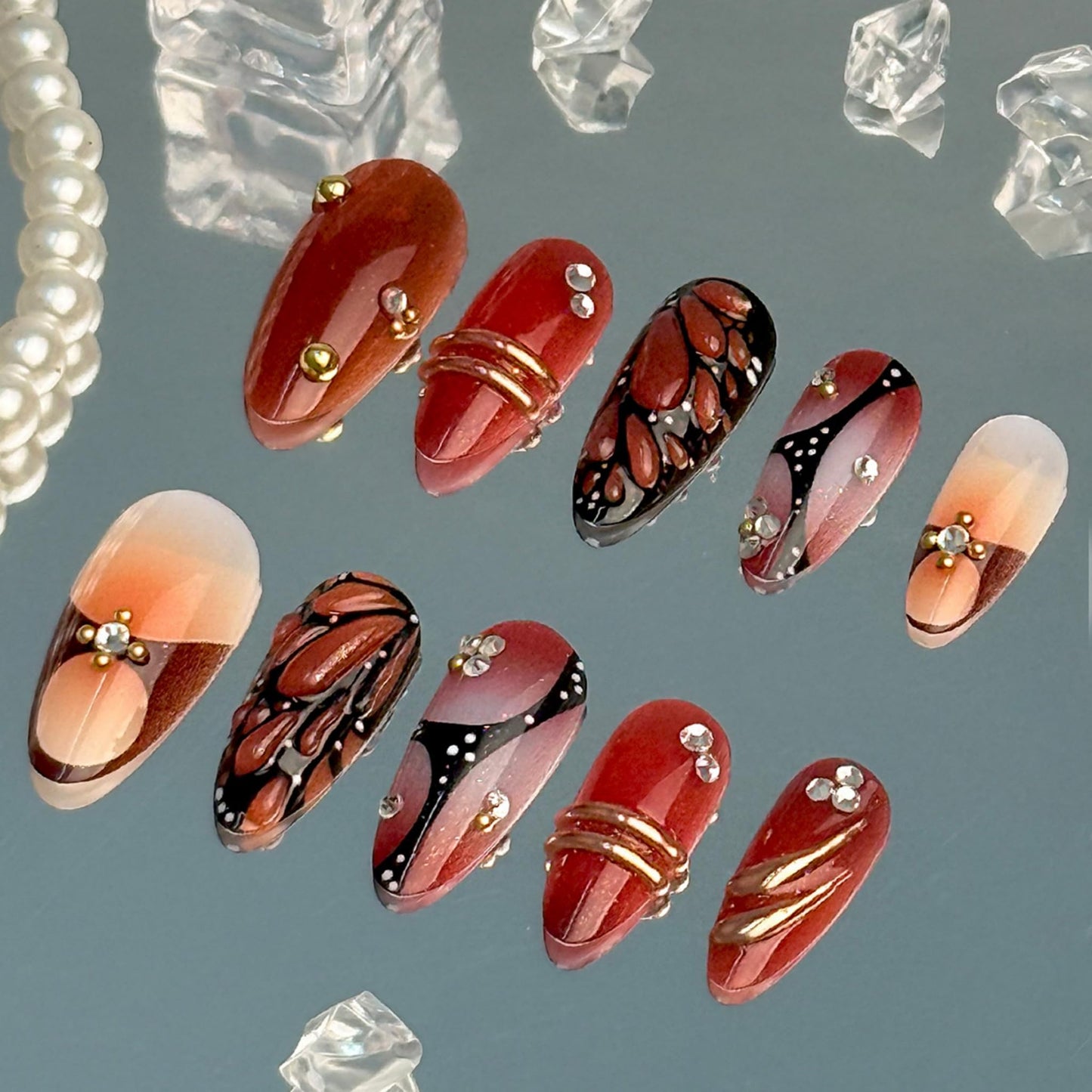 Almond Press on Nails Long Fake Nails Red Acrylic Nail Press ons SEENEEY Black Butterfly Designs Gold Charm Rhinestones Stick on Nail for Women 24pcs