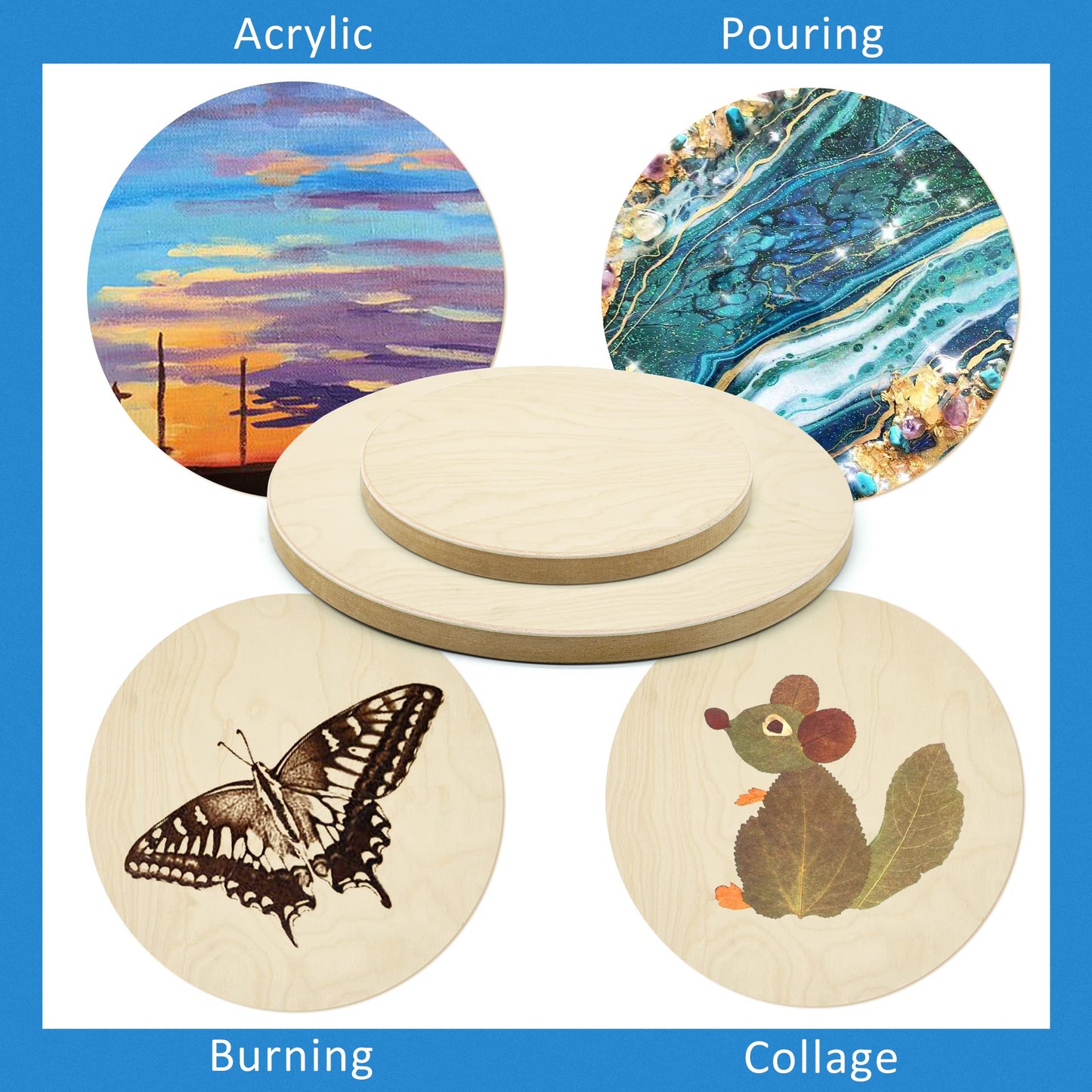 Falling in Art Unfinished Round Birch Wood Canvas Panels Kit, 4 Pack of 2 Sizes 8' and 12' Studio 3/4’’ Deep Cradle Boards for Pouring Art, Crafts, Painting, and More