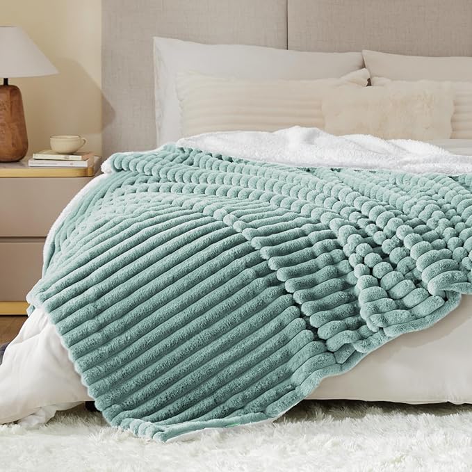 INFIIXSO Sherpa Throw Blanket for Couch - Super Soft & Warm Striped Fleece Blanket, Cozy Plush Fluffy Blanket All Season Use (Haze Blue, 50x60 Inches)