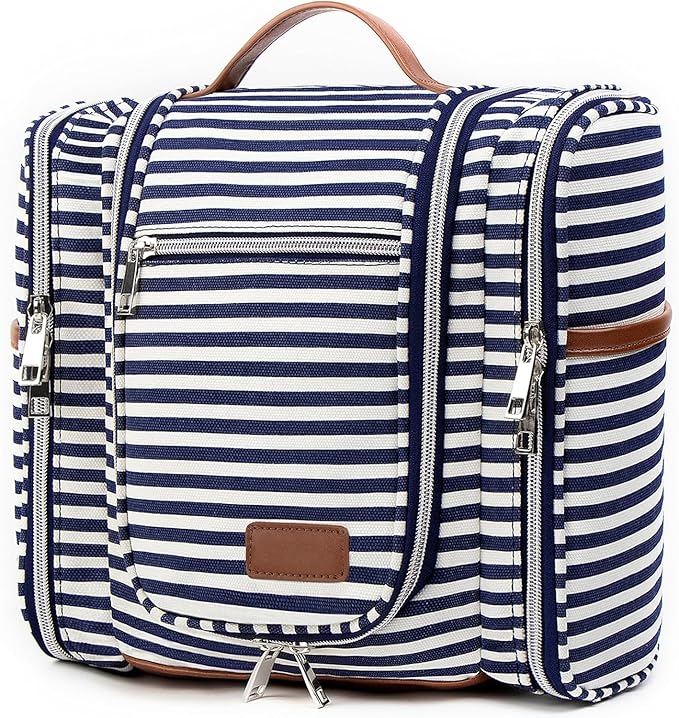 Pearl Angeli Hanging Toiletry Bag for Women, Large Makeup Cosmetic Bag, Water Resistant Toiletries Travel Essentials Organizer, Full-size Container, Navy-striped
