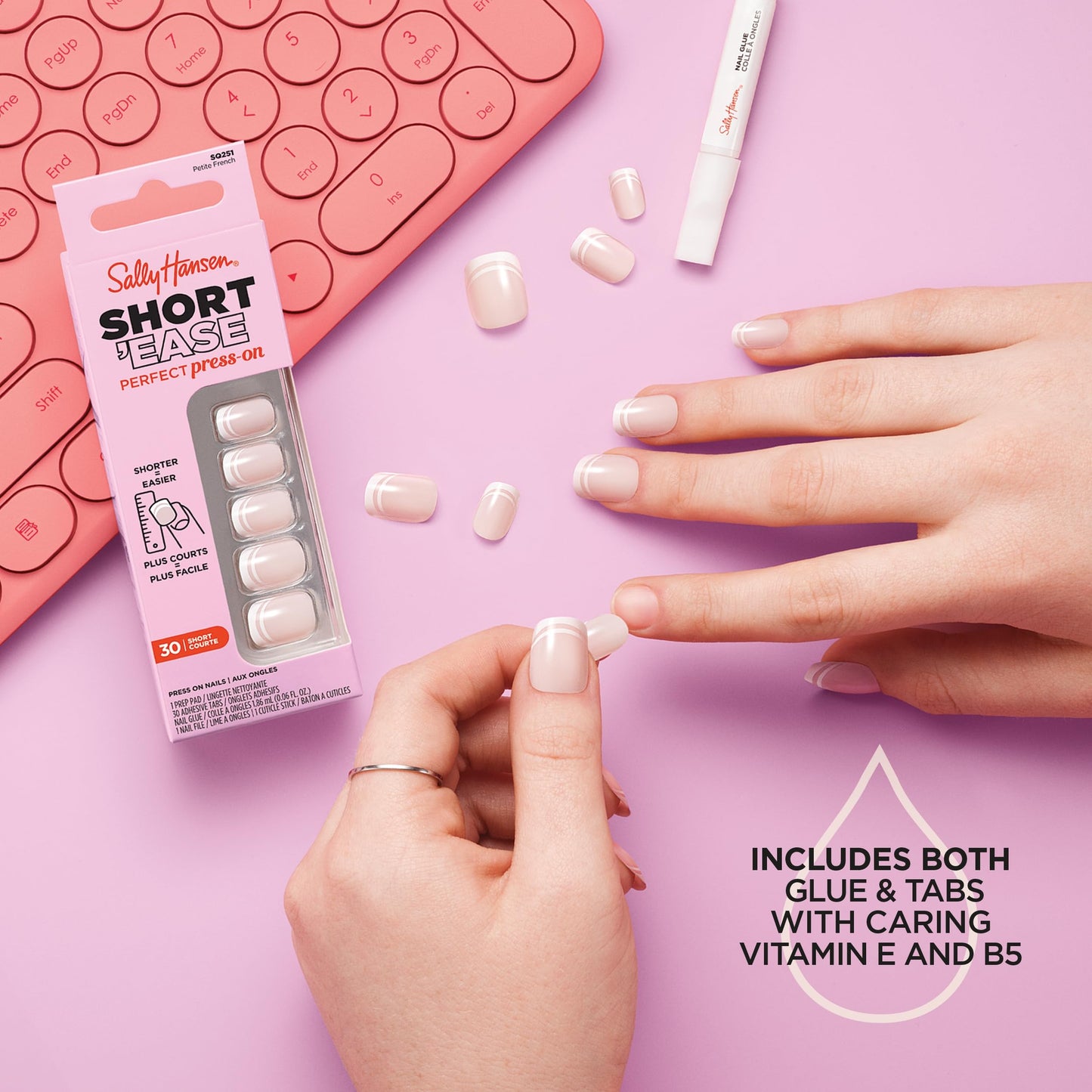 Sally Hansen Salon Effects Perfect Press-On Short'Ease Nails | Squoval Shape | Easy to Apply, Non-Damaging, Natural Look Vitamin E & B5 | 30 Nails, Nail Glue, Adhesive Tabs, File| Short N' Chic