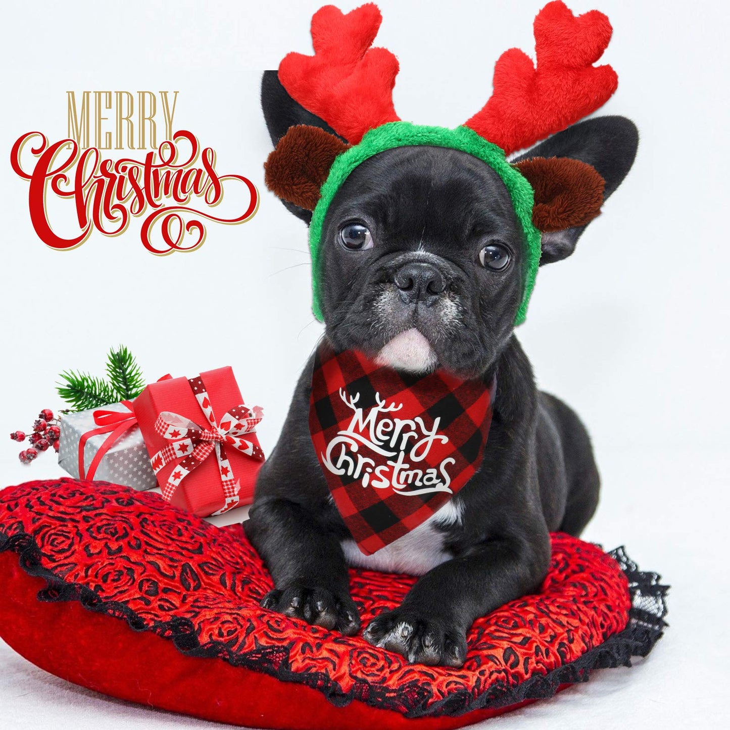 SATINIOR 4 Pcs Adjustable 3D Christmas Dog Santa Hat, Christmas Classic Buffalo Plaid Pets Scarf, Reindeer Antlers Headband with Ears Pet Costume Accessories for Dogs and Cats(Vivid Style)