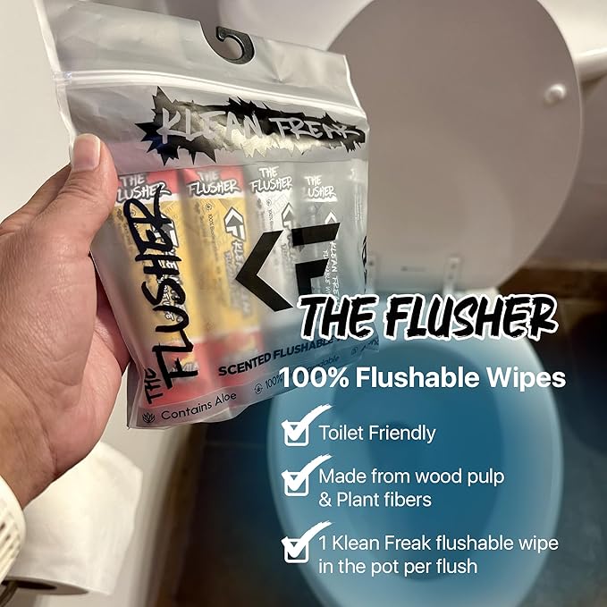 THE KLEAN FREAK FLUSHER - Flushable Wipes For Adults & Kids Unscented/Scented - 100% BIODEGRADABLE Individual Wrapped Travel WET Wipe for Toilet - Soothing Aloe & Witch Hazel - Alcohol Free 20 Pack