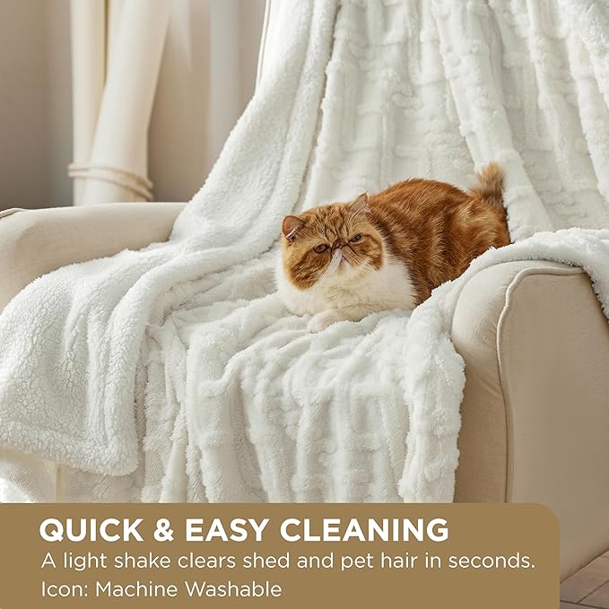 Bedsure Sherpa Fleece Throw Blanket for Couch - GentleSoft Fluffy & Cozy Cable Jacquard Tufted Throw for Women Gift, Thick and Warm Blankets for Winter, Cream, 50x60 Inches