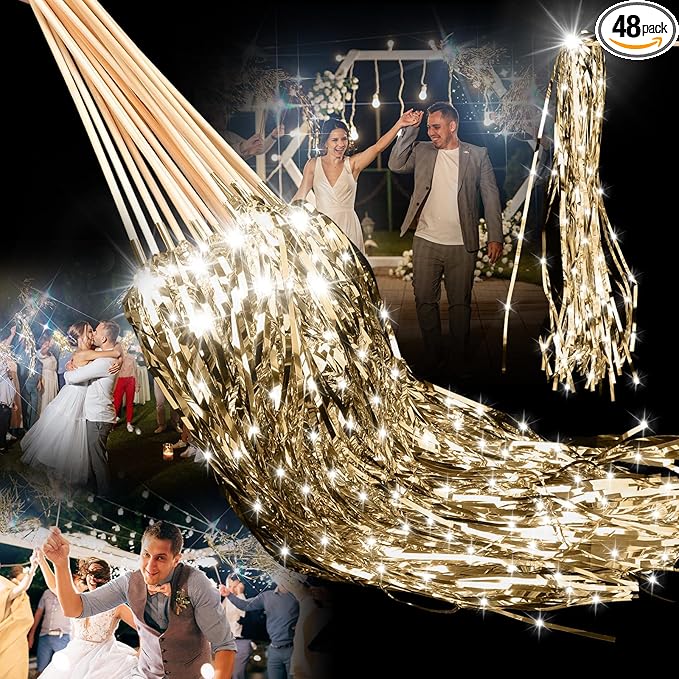 48 Pcs Lighted Wedding Wands LED Tinsel Wands Streamers Wedding Sparklers Send Off Light Sticks for Reception Birthday Exits Baby Shower Concert Christmas Party Favors(Champagne)