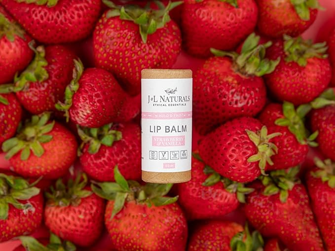J&L Naturals Sustainable Lip Balm | Organic Ingredients, 100% Natural, Eco-Friendly | Cruelty Free, Vegan, Paraben Free, Silicone Free (Strawberry & Vanilla, 5-Piece Bundle)