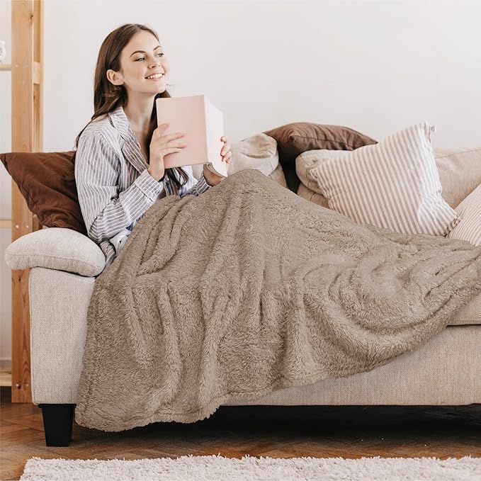 PAVILIA Sherpa Throw Blanket for Couch Sofa, Taupe Tan Fluffy Warm Plush Blanket for Bed, Cozy Super Soft Lightweight Throw, Fuzzy Decorative Blanket, All Season Home, 50x60