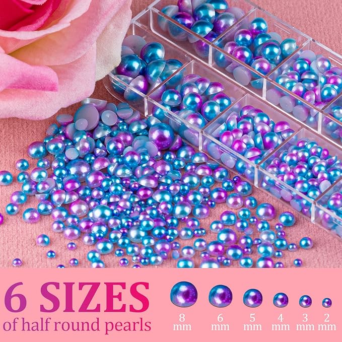 Belleboost Flat Back Pearls Kits 2 Boxes of Flatback Blue Mermaid Half Round Pearls with Pickup Pencil and Tweezer for Home DIY and Professional Nail Art, Face Makeup and Craft