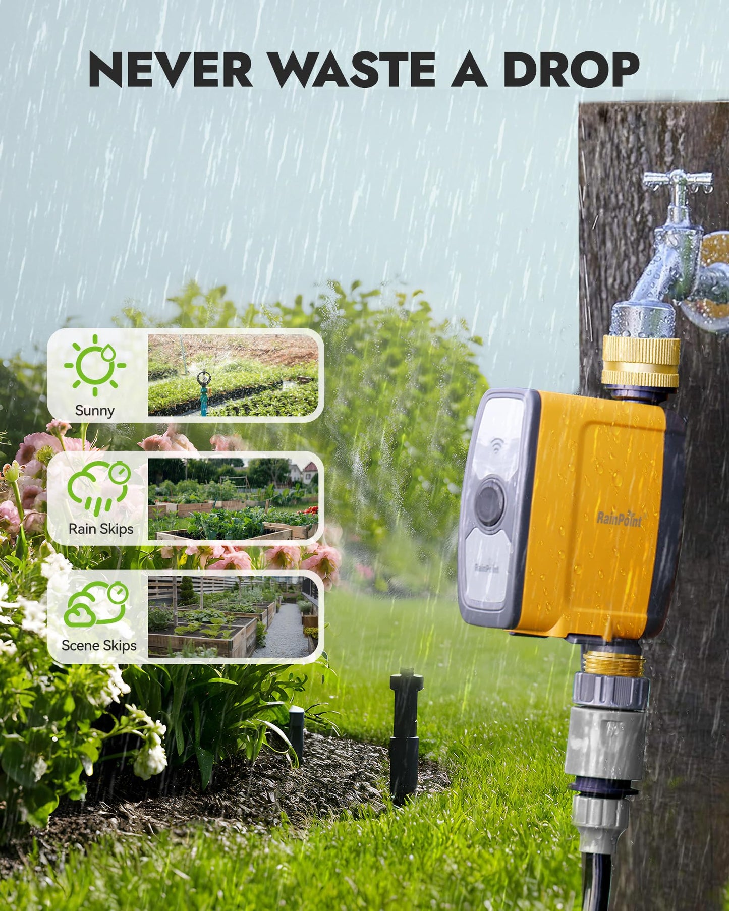 RAINPOINT WiFi Water Timer, Smart Sprinkler System Valve With APP & Voice Control, Weather-Based Automatic Rain Delay, Brass Inlet & Outlet (No WiFi Hub)