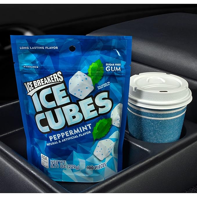 ICE BREAKERS Ice Cubes Peppermint Sugar Free Chewing Gum Pouch, 8.11 Oz (100 Pieces) (Pack of 2)