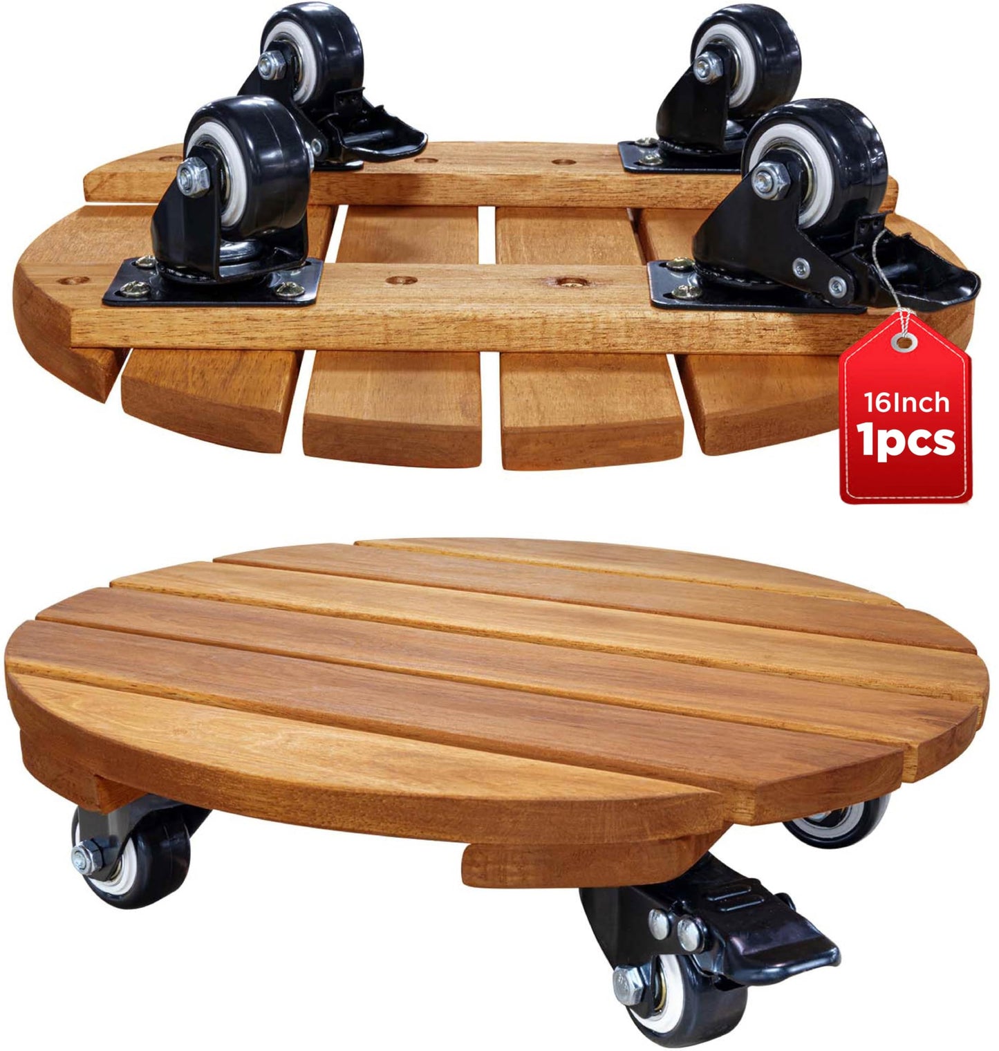 Idzo 16inches Capacity 500lbs Wood Plant Caddy With Wheels Heavy Duty, Acacia Hardwood Plant Dolly, Plant Stand with 360° Lockable Wheels for Plant Pots, Heavy Objects Hauling - Natural Wood