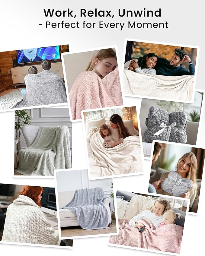 Super Soft Throw Blanket 50 x 60 Inches, Half-Side Plush Fuzzy Blanket for Couch, Sofa, Bed & Chair, Warm Cozy Lightweight Knit Blanket for Fall & Winter Beige