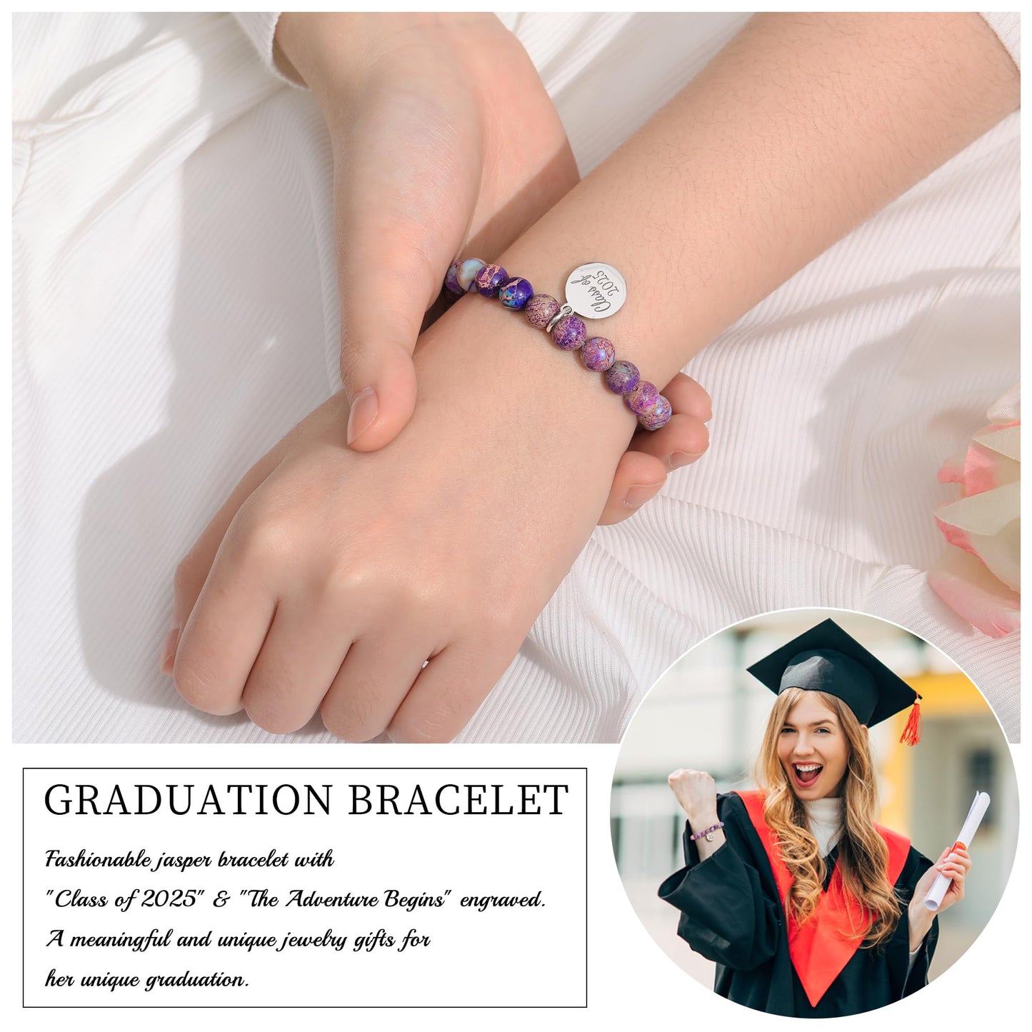 Sistble Graduation Gifts 2026 College High School Graduation Bracelet Inspirational Gifts for Women The Adventure Begins Dainty Nature Stones Niece Jewelry Teen Girl Gift Ideas