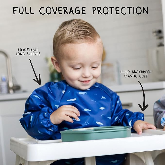 Tiny Twinkle Long Sleeve Bib for Babies & Toddlers – 2 Pack Waterproof Smock Bibs for Eating – Machine Washable & Mess-Proof, Baby Feeding Essential & Shower Must-Have (Slate Olive,6–24M)