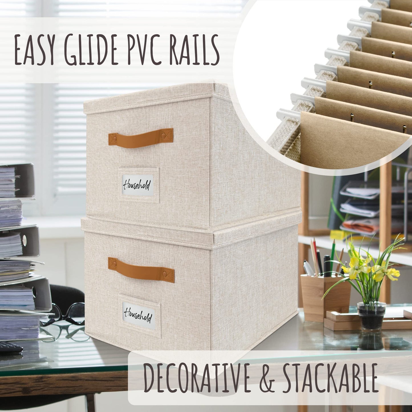 ZICOTO Decorative File Organizer Box Set of 2 - Collapsible Linen Filing Cabinets w/Handles Are Perfect to Store all Your Documents & Hanging File Folders - Portable Easy Slide Crates with Lid