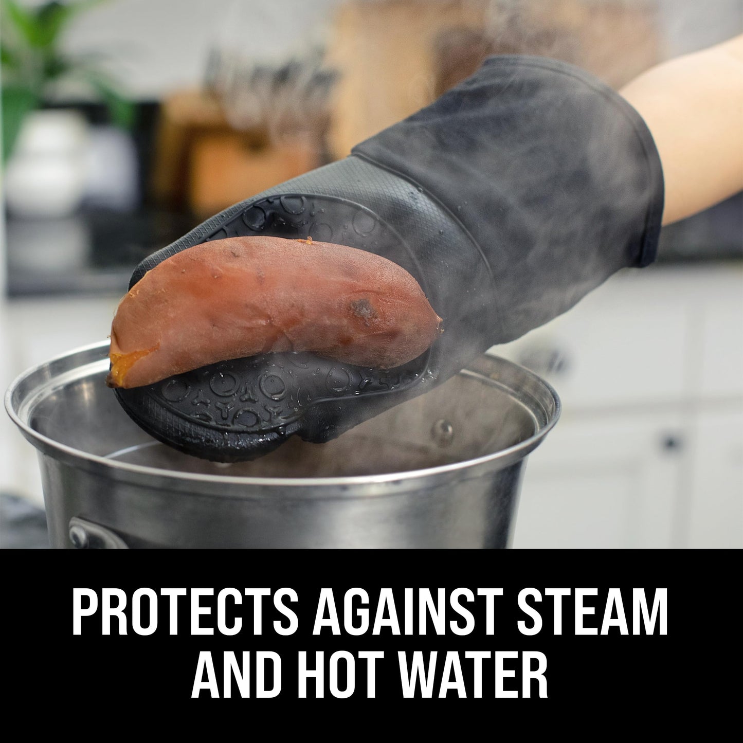 BPA-Free Silicone Oven Mitts Ultra Heat Resistant up to 500°F - Oven Mitts with Thick Cotton Liner - Long Slip Resistant Pot Holders, Flexible Oven Gloves - Black 13.7"