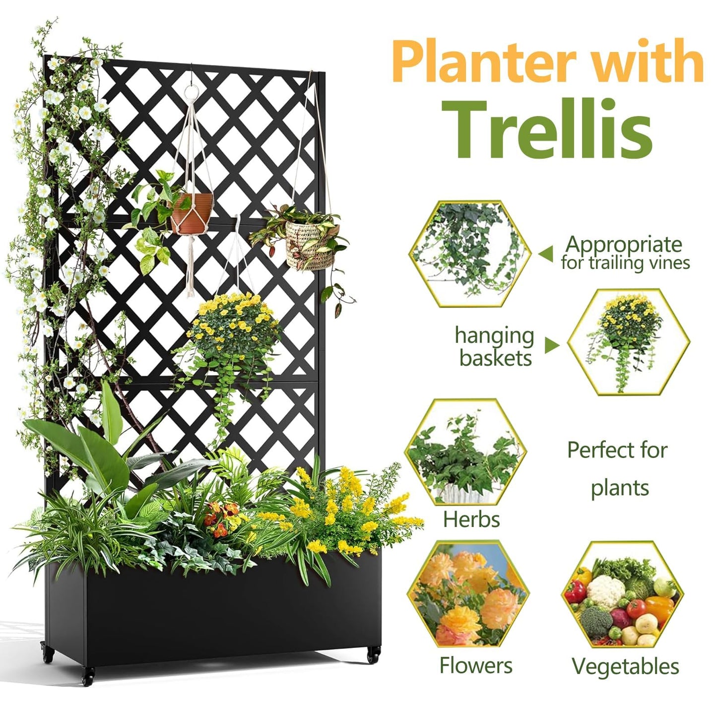 Metal Raised Garden Bed with Trellis and Wheels, 72"x47" Planter Box for Climbing Plants, Vegetables & Vines, Features Drainage Holes and Privacy Screen