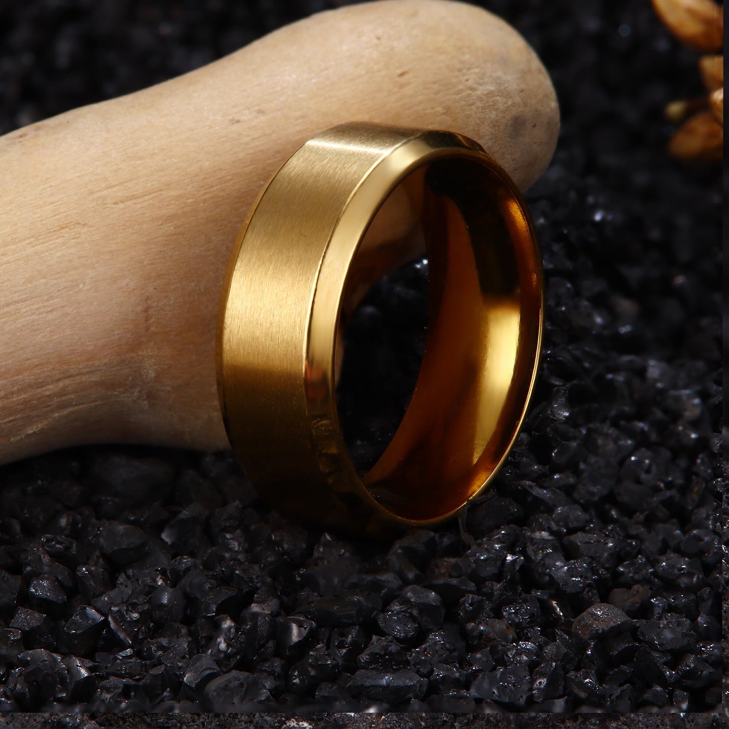 Jstyle Stainless Steel Rings for Men Women 8MM Wedding Band Rings Matte Surface - Beveled Polished Edge Mens Ring Size 9.5 18K Gold Plated Ring for Men