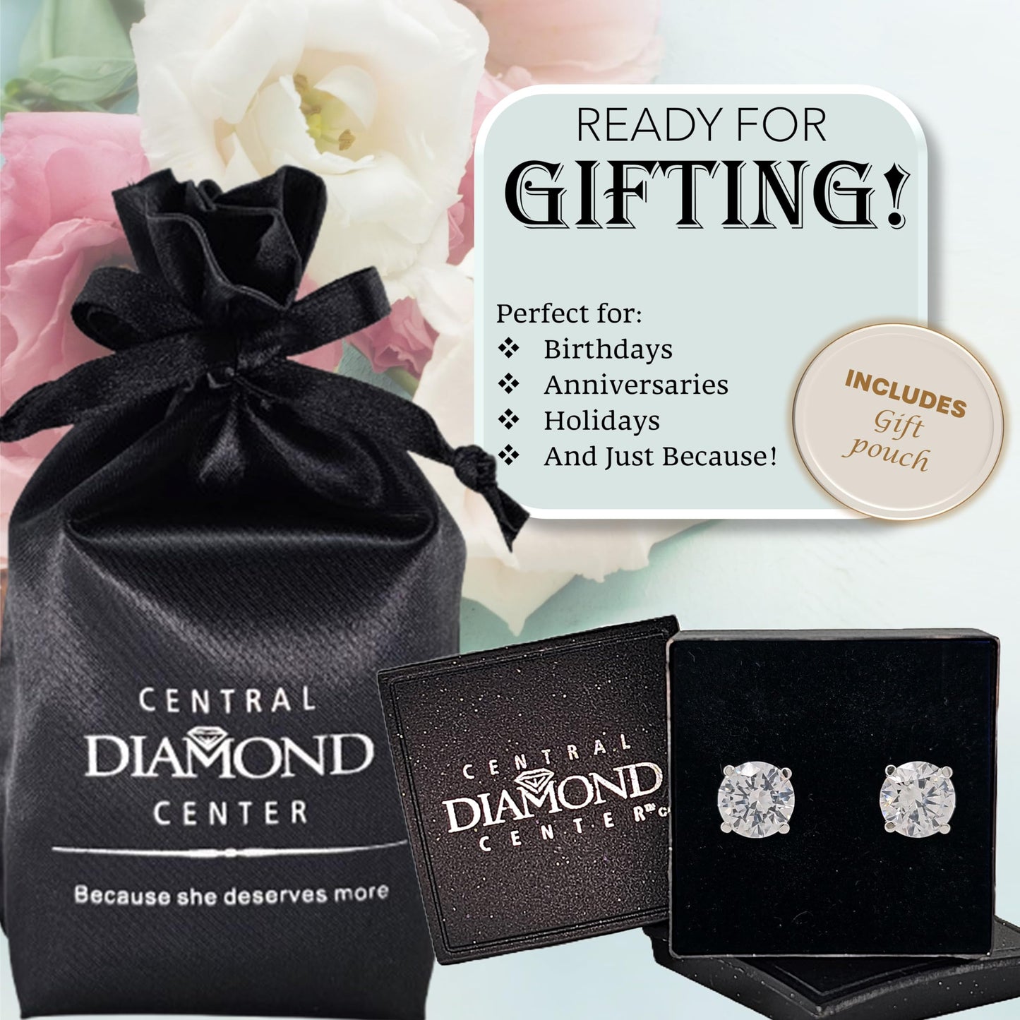 Central Diamond Center Round Simulated Diamond Stud Earrings Hypoallergenic Metal & Sterling Silver CZ - 9.00mm (6.00cttw) Platinum