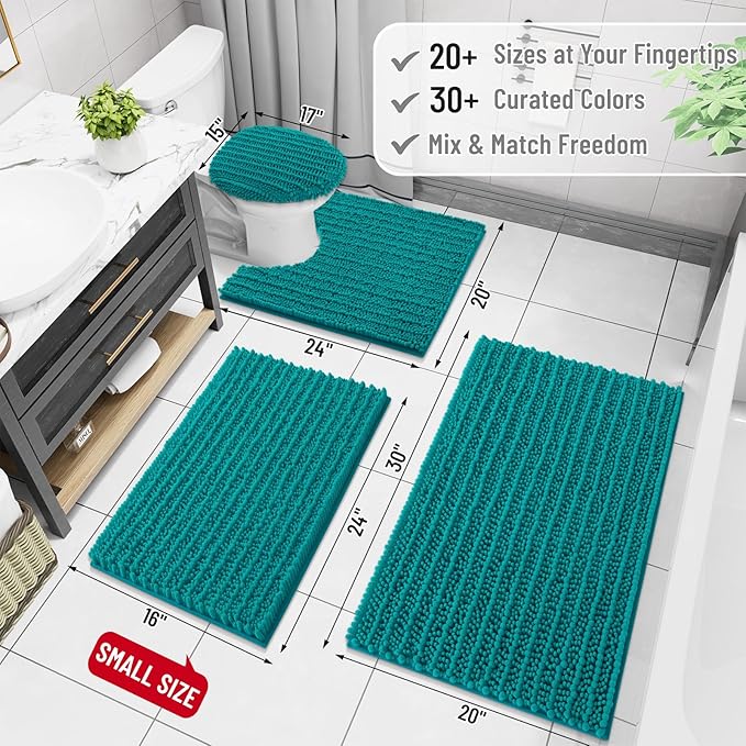 Arotive Luxury Chenille Bathroom Rug Mat, Extra Soft Thick Absorbent Shaggy Bath Rugs, Non-Slip Machine Wash Dry, Plush Bath Mats for Bathroom, Shower and Tub, 47x24, Lake Blue
