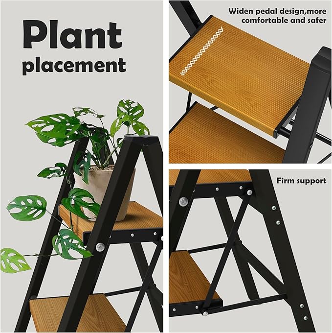 Taranta 2 Step Ladder,Aluminum Lightweight Folding 2 Step Stool with Anti-Slip Wide Pedal, 330lbs Capacity Step Ladder for Household,Kitchen,Office - BlackWoodgrain