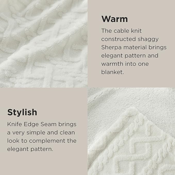 Bedsure Sherpa King Size Blanket for Bed- GentleSoft Fleece Fluffy & Cozy Cable Jacquard Tufted for Women Gift, Thick and Warm Blankets for Winter, Cream, 108x90 Inches