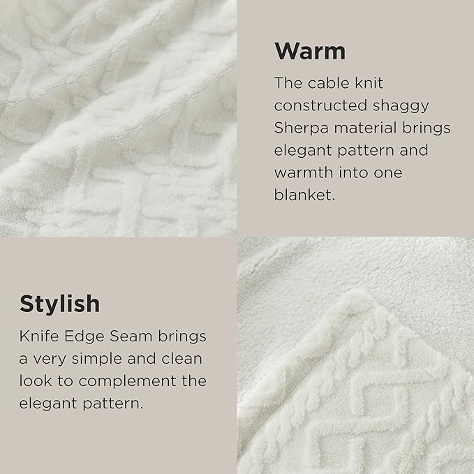 Bedsure Sherpa Queen Size Blanket for Bed - GentleSoft Fleece Fluffy & Cozy Cable Jacquard Tufted for Women Gift, Thick and Warm Blankets for Winter, Cream, 90x90 Inches