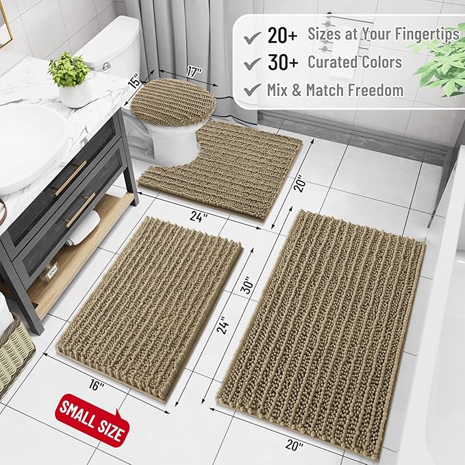 Arotive Luxury Chenille Bathroom Rug Mat, Extra Soft Thick Absorbent Shaggy Bath Rugs, Non-Slip Machine Wash Dry, Plush Bath Mats for Bathroom, Shower and Tub, 60x24, Camel