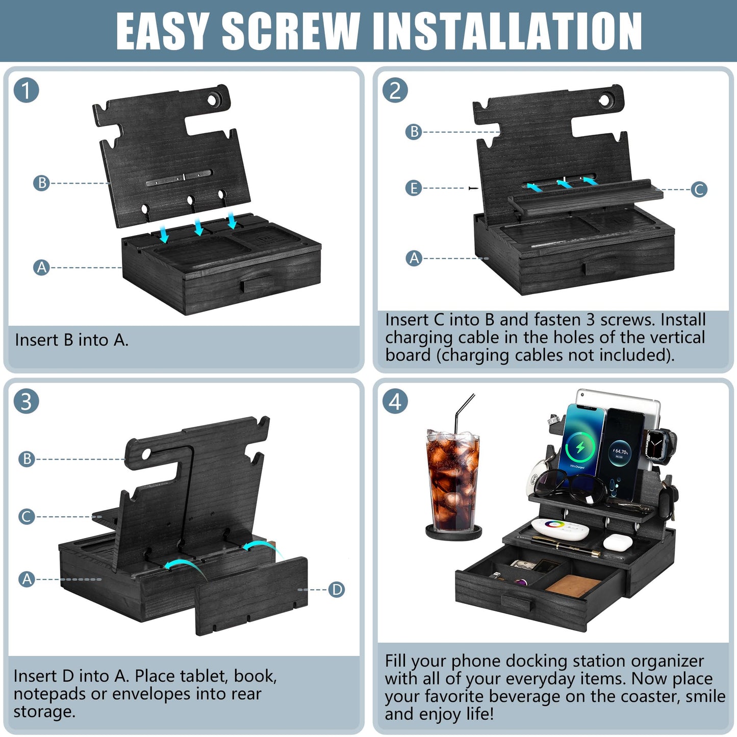 Black Wood Phone Docking Station for up to 3 Phones - Nightstand Organizer with Drawer for Valuables for Men & Women, Compatible With Apple Watch, Holds Phones, Tablets, Keys, Rings, Glasses, EDC