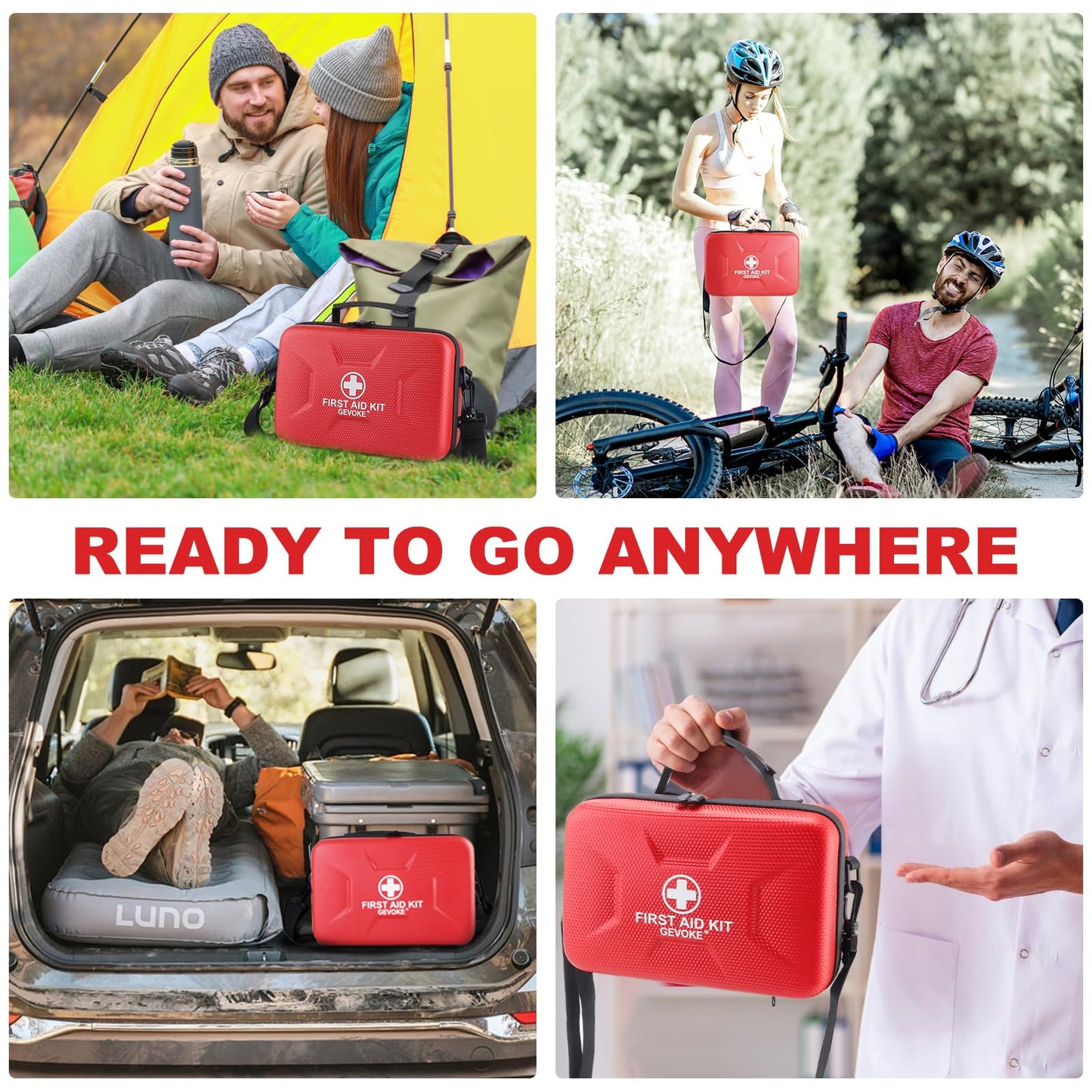 Gevoke 410 Piece Waterproof Hard Shell First Aid Kit for Home, Car, Travel, Camping, Truck, Hiking, Sports, Office, Vehicle & Outdoor Emergencies - Emergency Medical Kits (Red)
