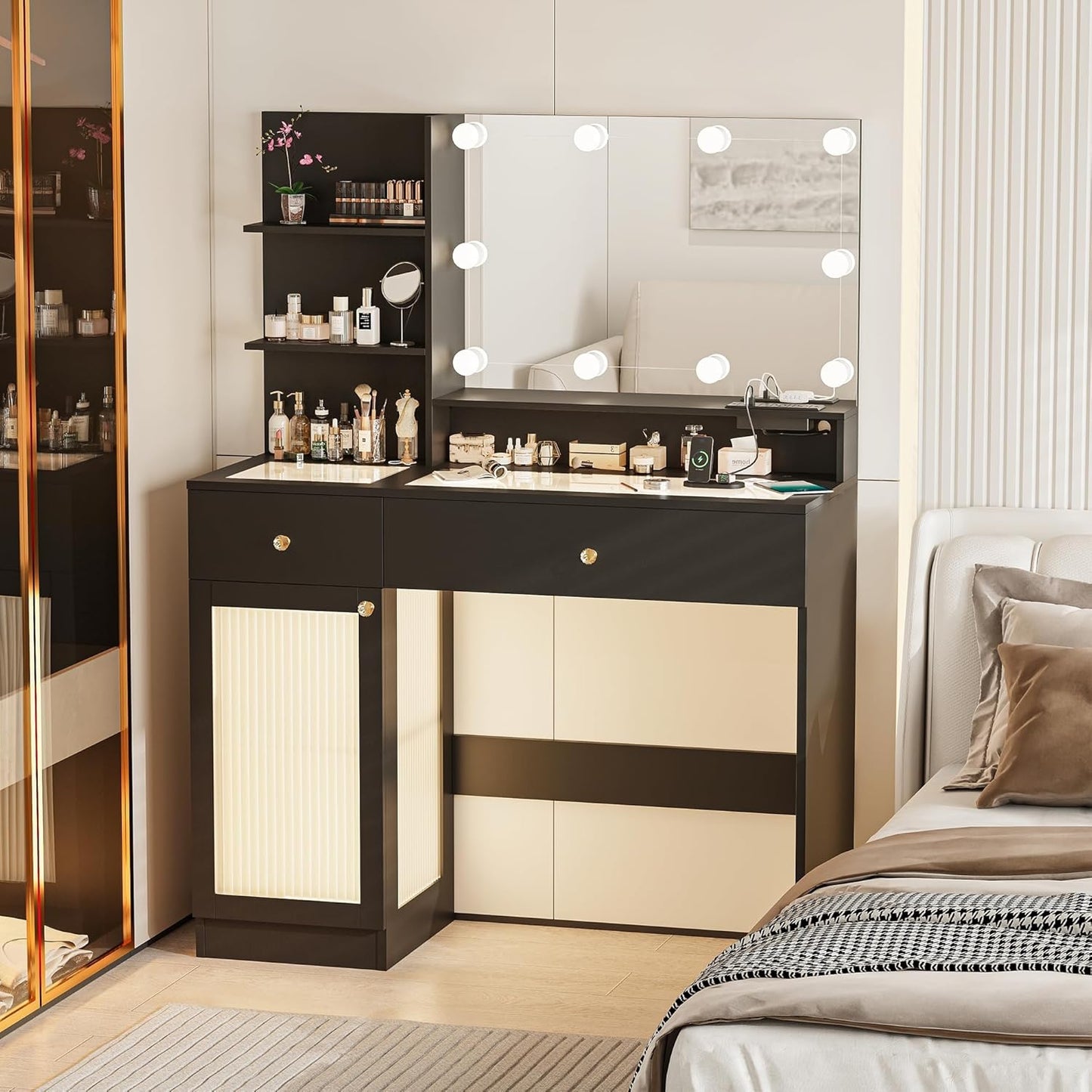 40" Vanity Desk with Large Mirror and Lights, Modern Glass Top Makeup Vanity Set with Power Outlet, Drawers and Cabinet, 3 Lighting Color Adjustable Dressing Table for Bedroom, Black