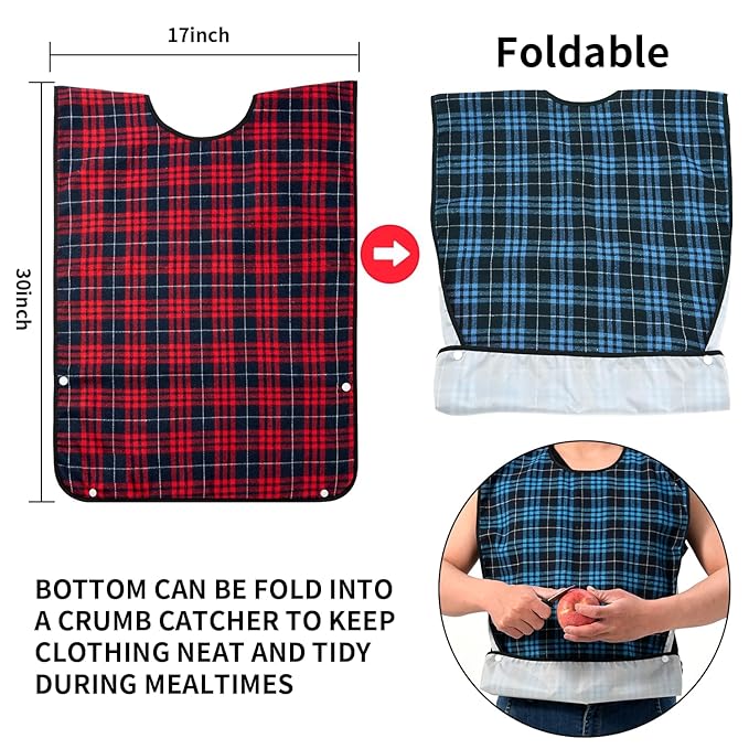 XKDOUS 4 Pcs Adult Bibs For Men Washable Clothing Protector with Crumb Catcher for Eating, Reusable Waterproof Large Feeding Adult Bibs Gift for Men Women Elderly Senior