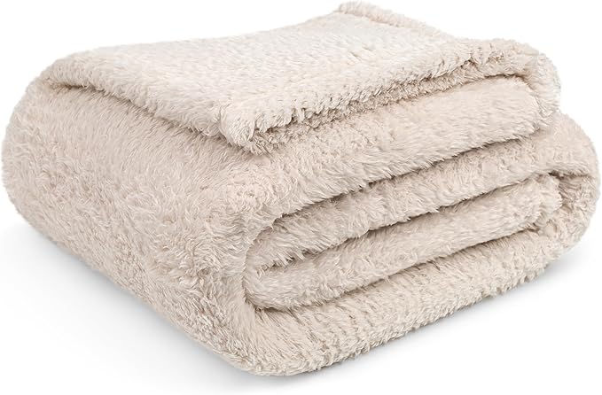 PAVILIA Sherpa Bed Blanket Queen Size, Cream Beige Plush Soft Cozy Blanket for Bed, Fluffy Lightweight Microfiber, Fuzzy All Season Blanket, 90x90 Queen