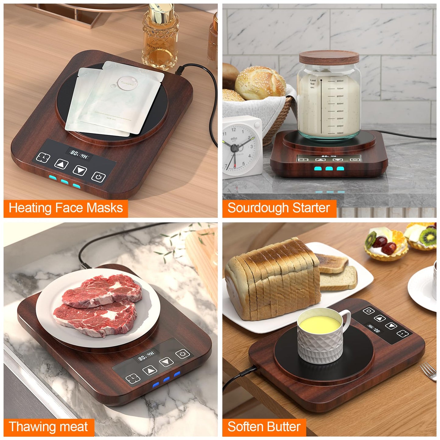 Electric Sourdough Starter Warmer, Upgrade Warming Heating Pad Mat for Sour Dough Starter, Sourdough Heater Proofing Tool for Home Baking with Thermostat Control, Timing, Memory Function (Wood Grain)